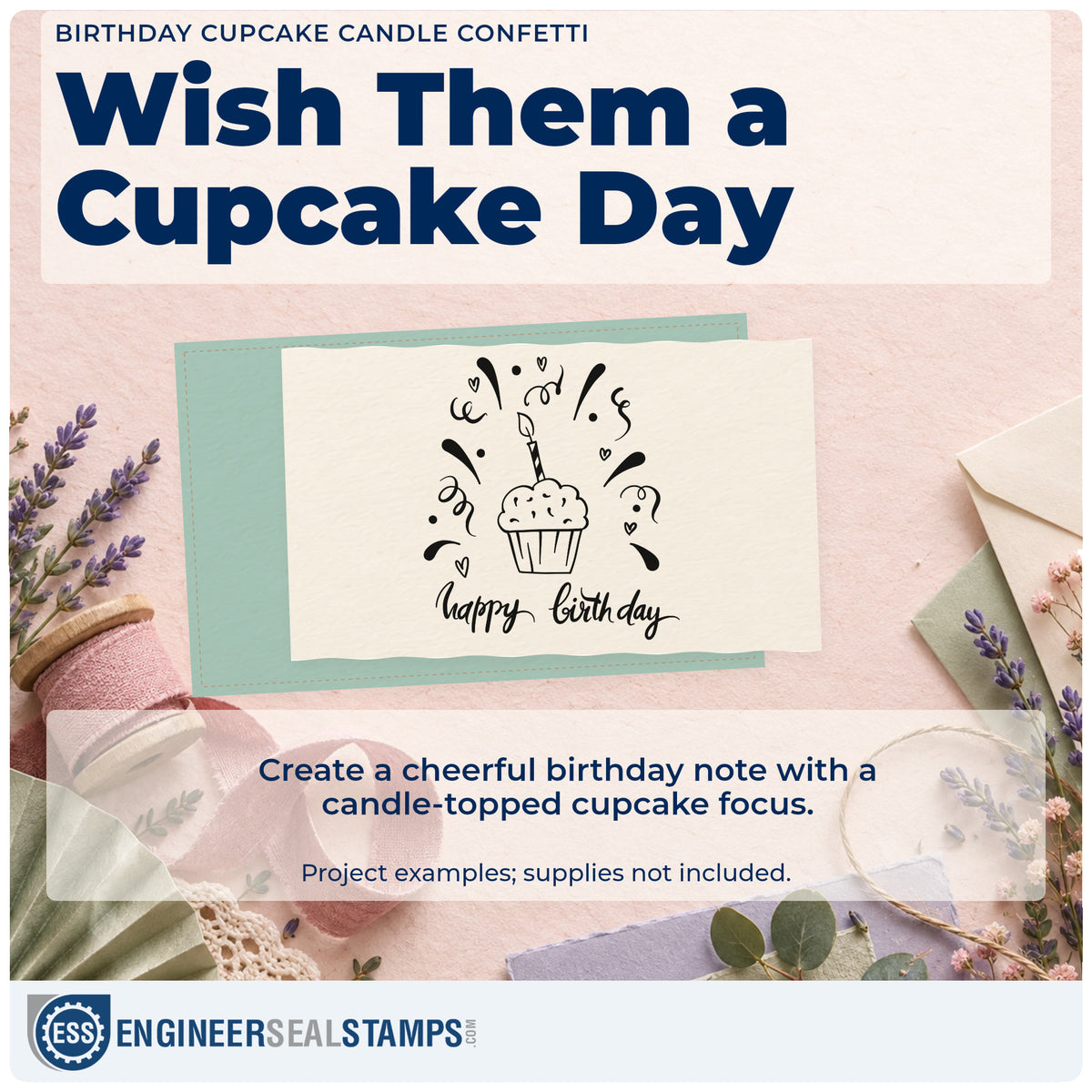 A finished handmade project stamped with the Birthday Cupcake Candle Confetti With Hearts Pre-Inked Stamp – PSI, ideal for class year album page.