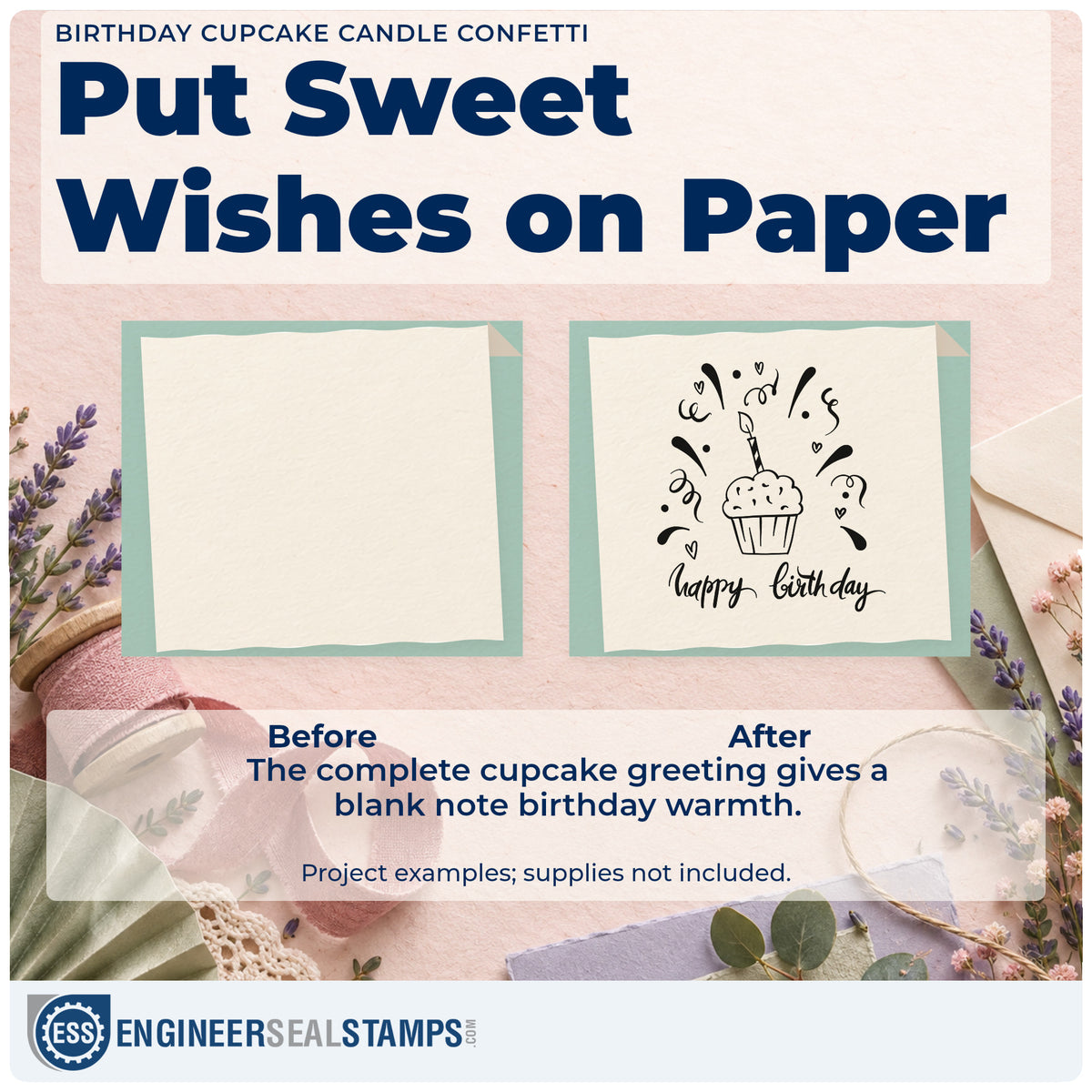 Before and after of a plain item finished with the Birthday Cupcake Candle Confetti With Hearts Pre-Inked Stamp – PSI, a quick upgrade for framed classroom door.