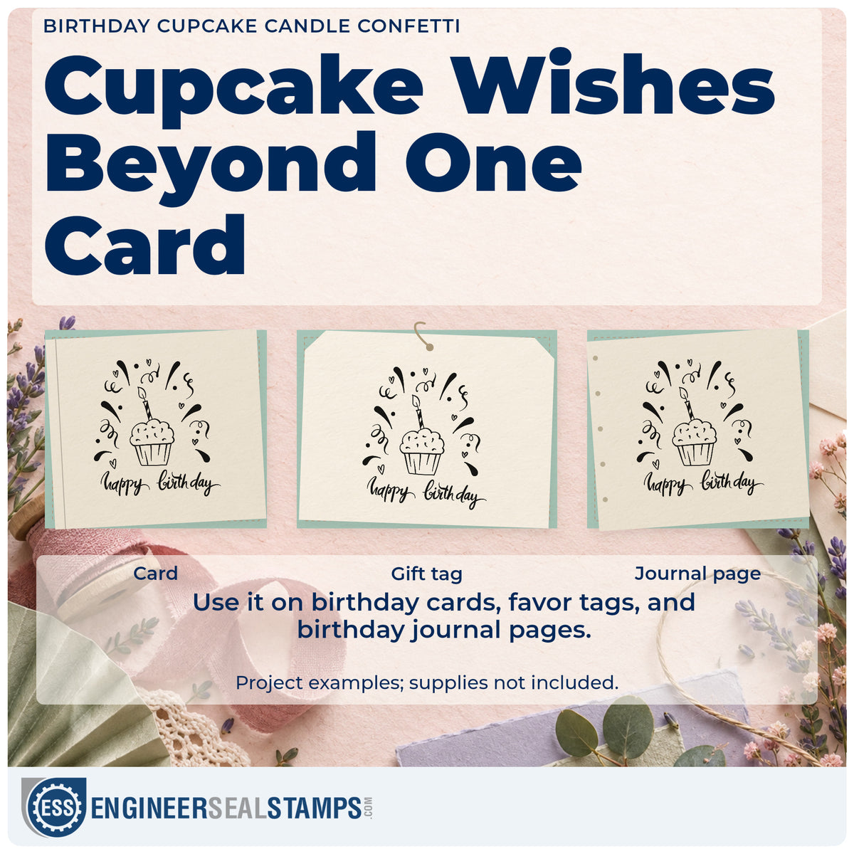 Three project examples made with the Slim Pre-Inked Birthday Cupcake Candle Confetti With Hearts Stamp, including birthday chart sheet.