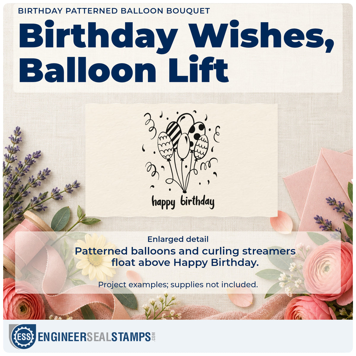 Enlarged detail of the Birthday Wishes Patterned Balloons Premium Wood-Mounted Stamp – Vintage Pro imprint. A bunch of patterned balloons floats above happy birthday amid curling streamers.