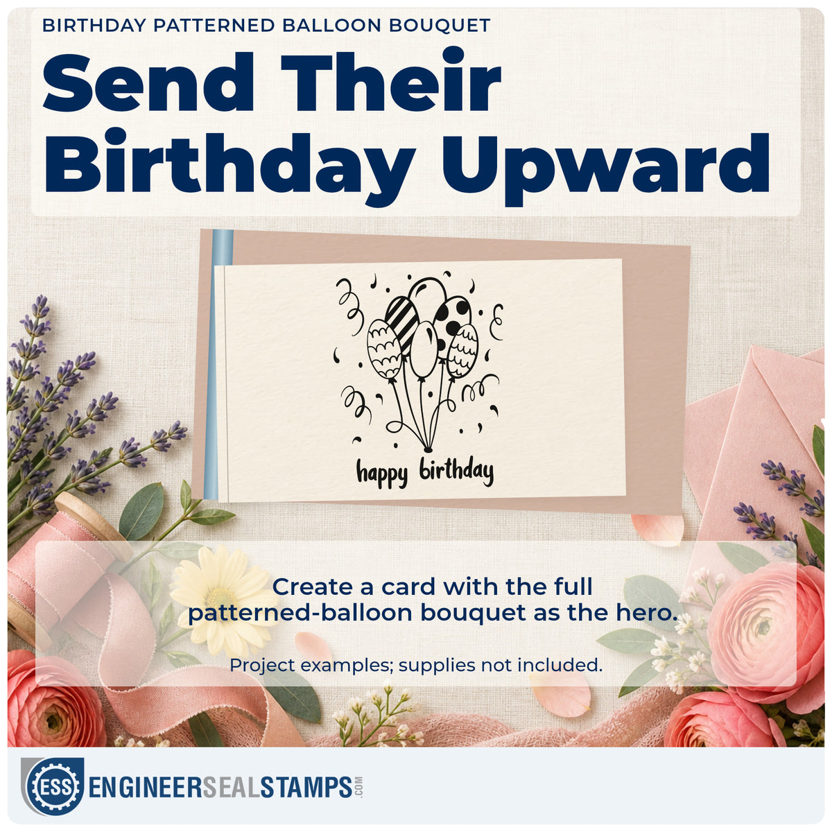 A finished handmade project stamped with the Birthday Wishes Patterned Balloons Premium Wood-Mounted Stamp – Vintage Pro, ideal for surprise album page.