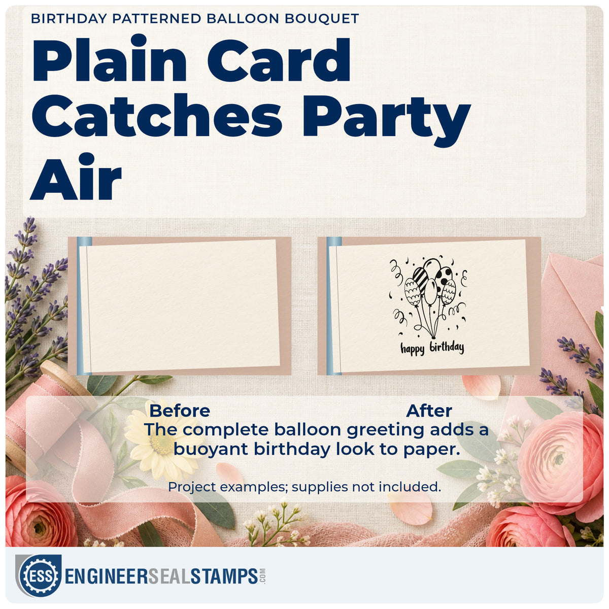 Before and after of a plain item finished with the Birthday Wishes Patterned Balloons Premium Wood-Mounted Stamp – Vintage Pro, a quick upgrade for framed hall corner.