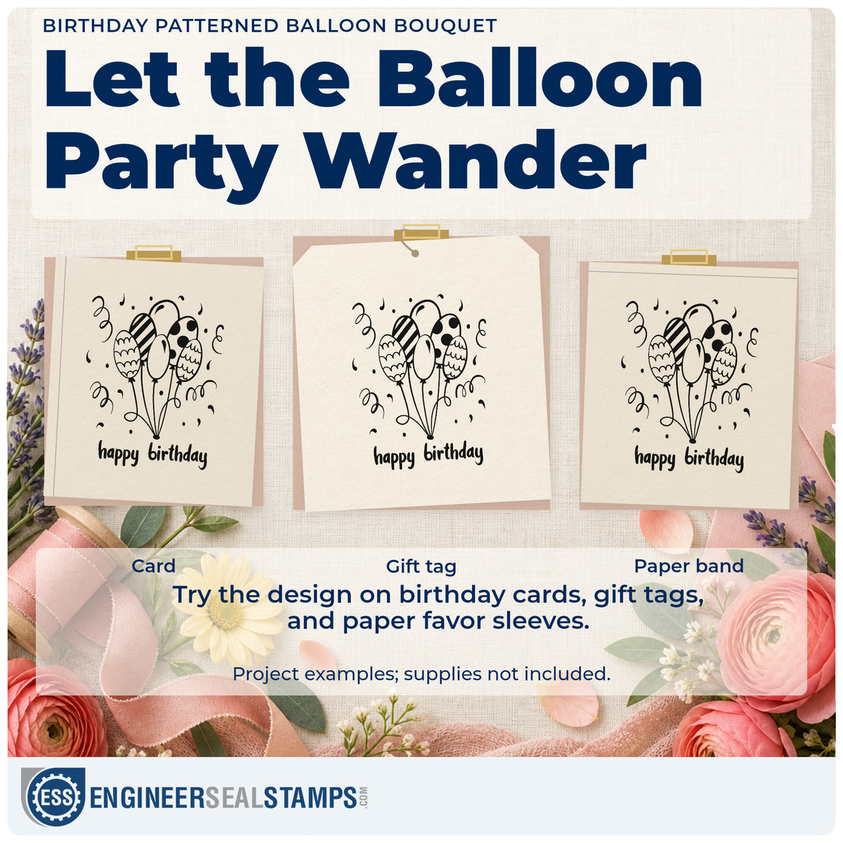 Three project examples made with the Birthday Wishes Patterned Balloons Rubber Stamp – Duo Hand, including secret plan sheet.