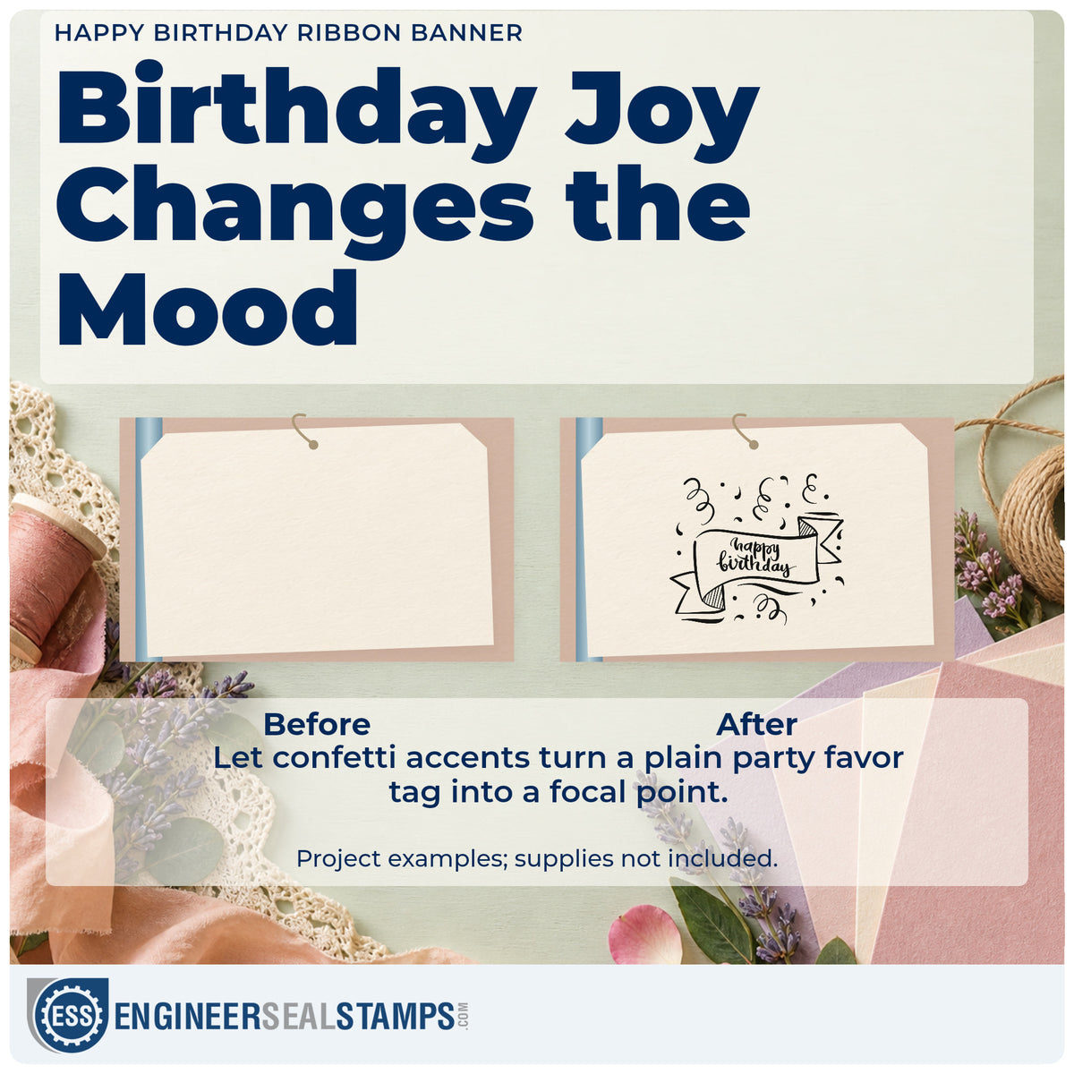 Before and after of a plain item finished with the Happy Birthday Ribbon Banner Confetti Stamp – PSI Pre-Inked, a quick upgrade for framed studio desk.