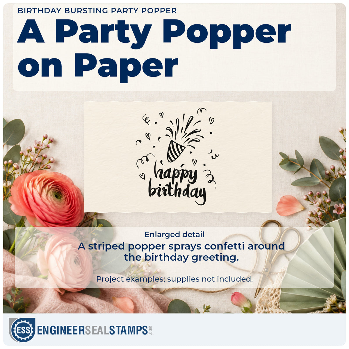 Enlarged detail of the Vintage Pro Birthday Bursting Party Popper Premium Wooden Stamp imprint. A striped party popper sprays confetti above happy birthday among hearts and streamers.