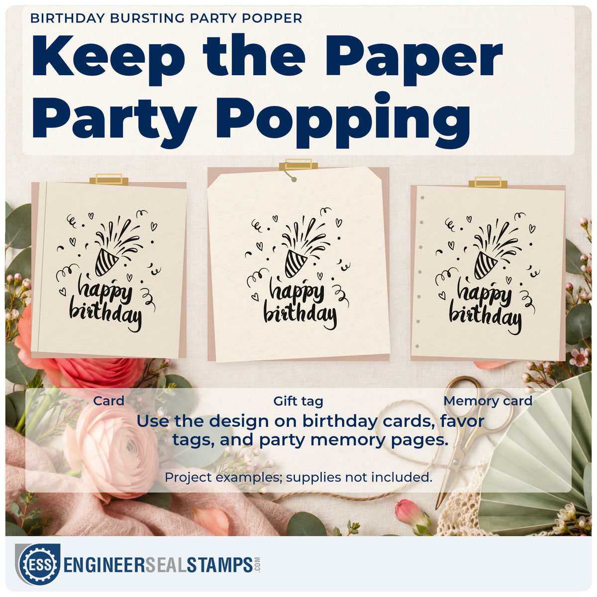 Three project examples made with the Birthday Bursting Party Popper Hand Stamp – Duo, including two plan sheet.