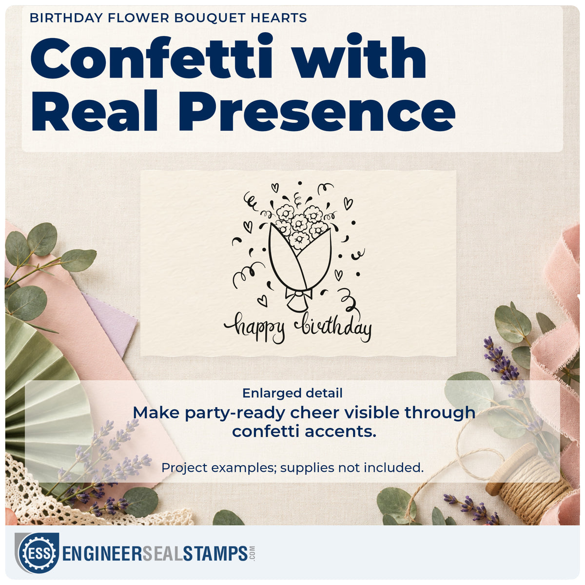 Enlarged detail of the Birthday Flower Bouquet Hearts Rubber Stamp – Duo Hand imprint. A wrapped flower bouquet appears above happy birthday among hearts and curling streamers.