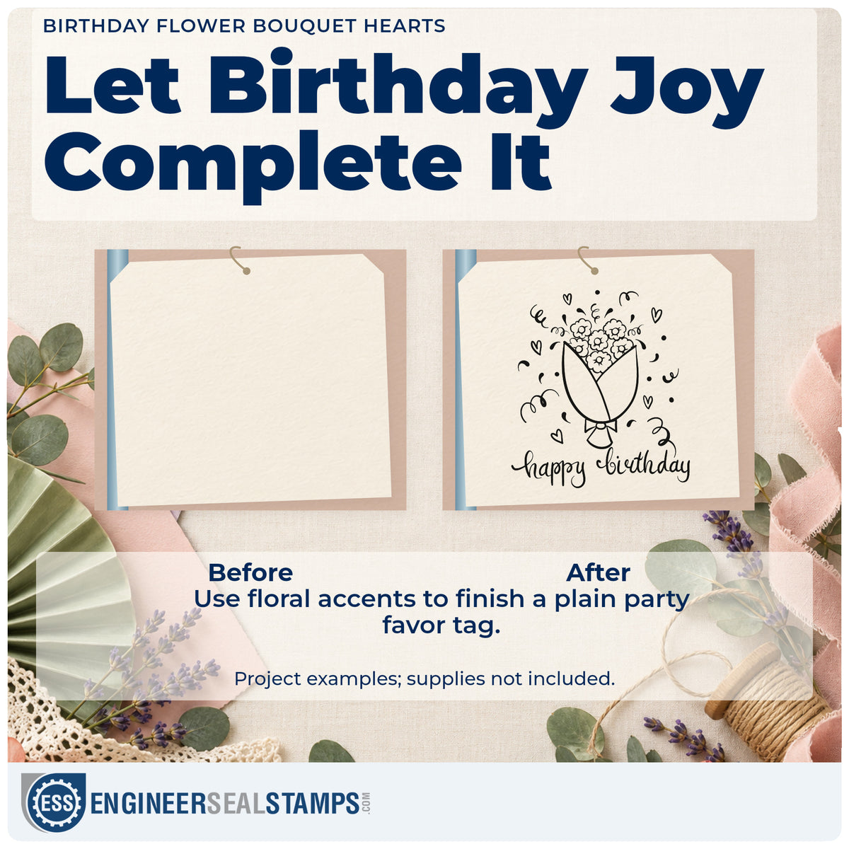 Before and after of a plain item finished with the Birthday Flower Bouquet Hearts Pre-Inked Stamp – PSI, a quick upgrade for framed sitting room.