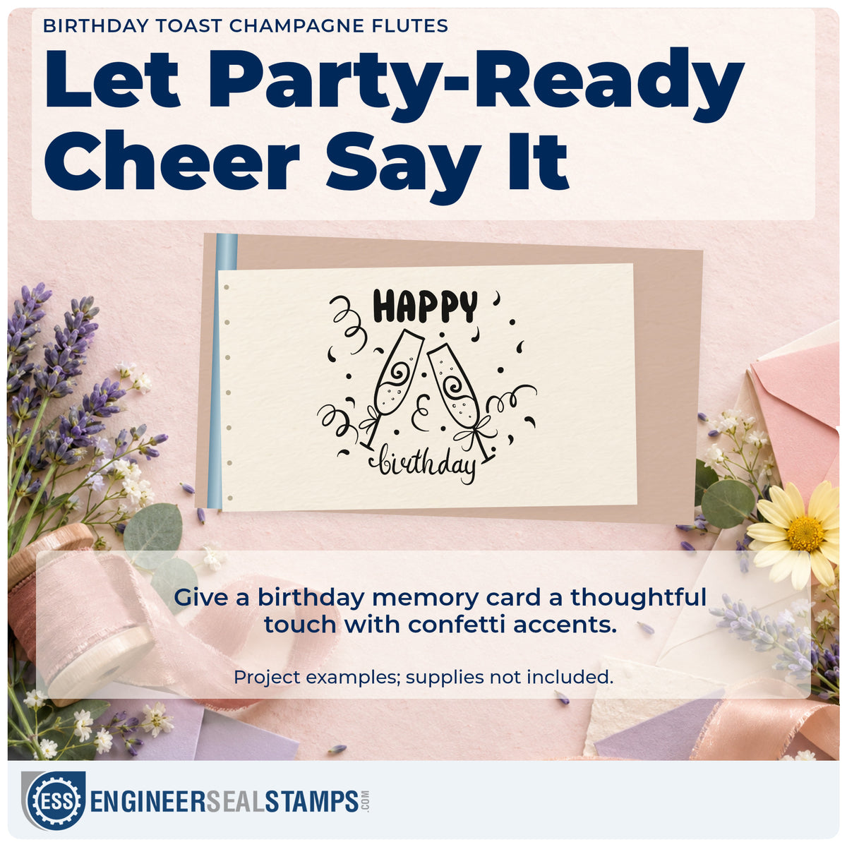 A finished handmade project stamped with the Birthday Toast Champagne Flutes Pre-Inked Stamp – Slim, ideal for twenty first album page.