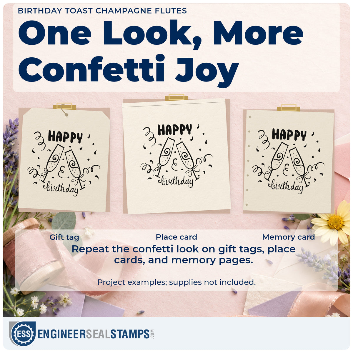 Three project examples made with the Birthday Toast Champagne Flutes Pre-Inked Stamp – Slim, including night plan sheet.