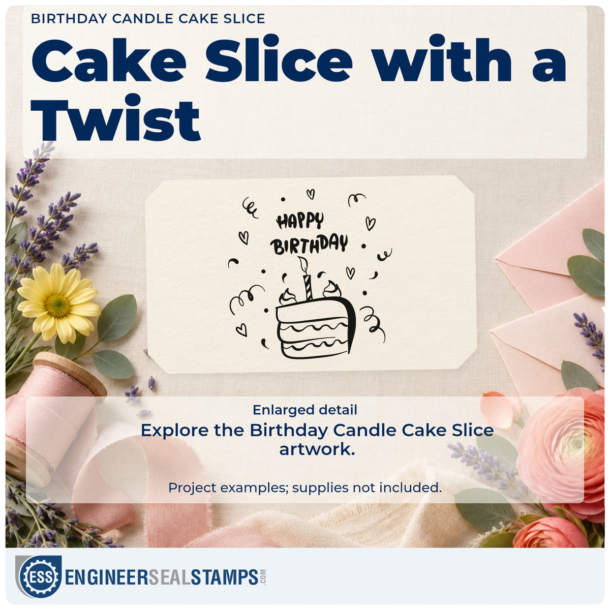Enlarged detail of the Birthday Candle Cake Slice With Hearts Rubber Stamp – Duo Hand imprint. A layered cake slice with a candle appears below HAPPY BIRTHDAY among hearts and streamers.
