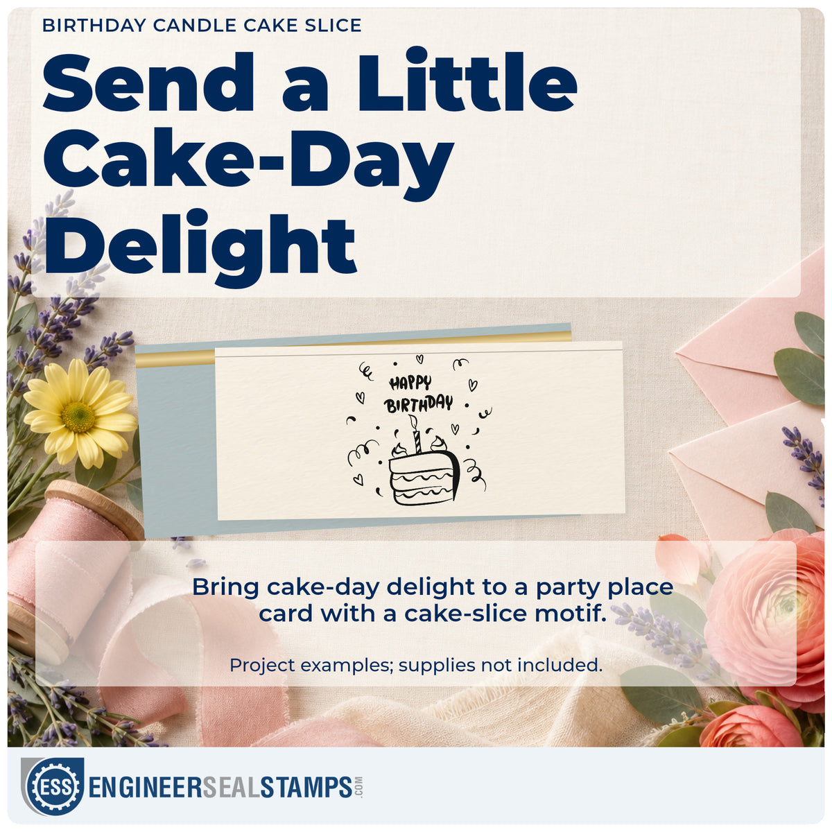 A finished handmade project stamped with the Birthday Candle Cake Slice With Hearts Rubber Stamp – Duo Hand, ideal for restaurant album page.