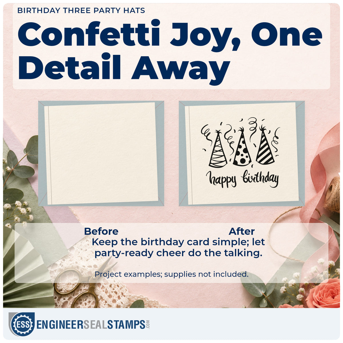 Before and after of a plain item finished with the Three Patterned Birthday Party Hats Duo Hand Stamp, a quick upgrade for framed kitchen wall.