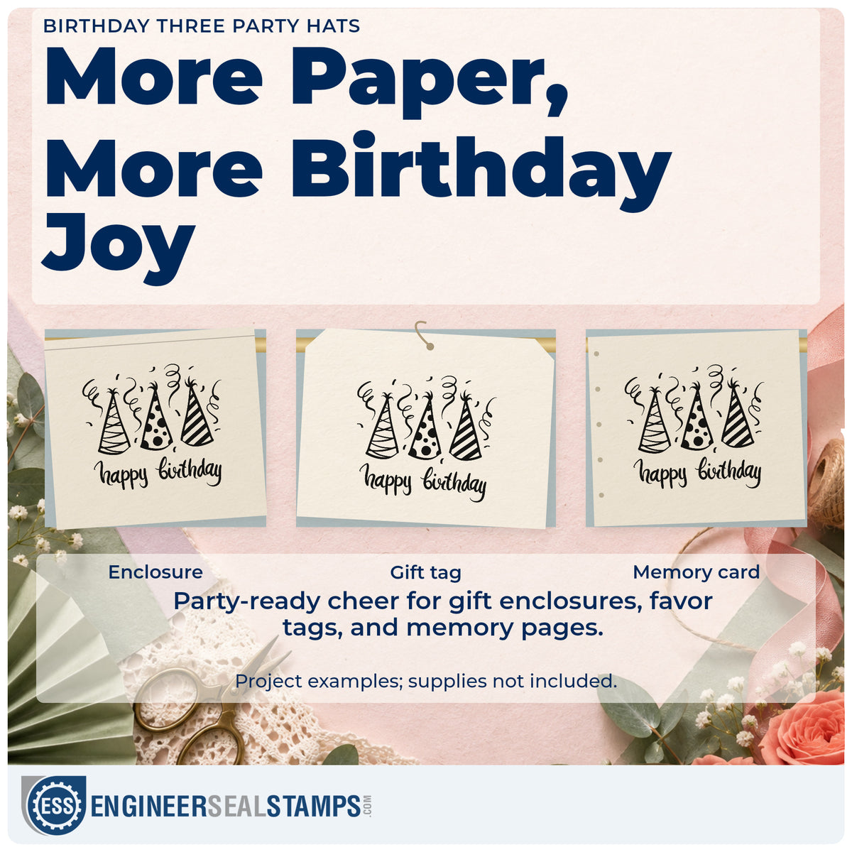 Three project examples made with the Three Patterned Birthday Party Hats Duo Hand Stamp, including month plan sheet.