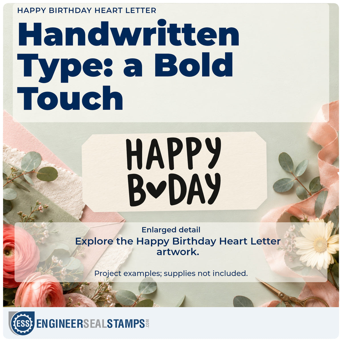 Enlarged detail of the Happy Birthday Heart Letter Block Lettering Self-Inking Craft Stamp imprint. HAPPY B♥DAY appears in two lines of bold handwritten capitals.
