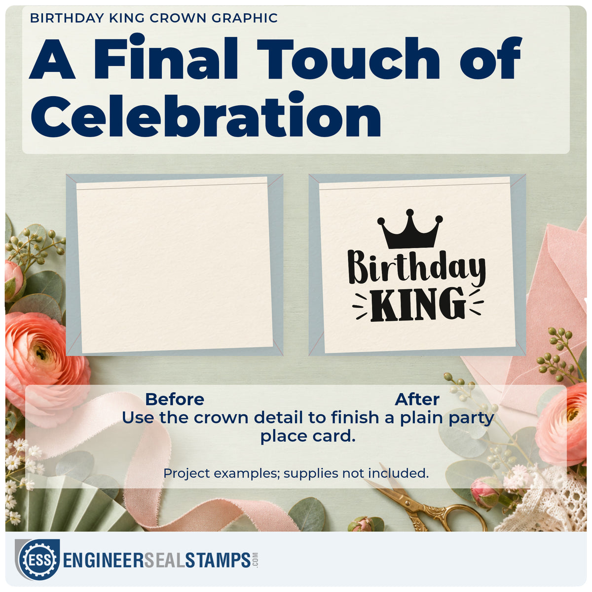 Before and after of a plain item finished with the Birthday King Crown Rays Hand Stamp – Duo, a quick upgrade for framed kitchen shelf.