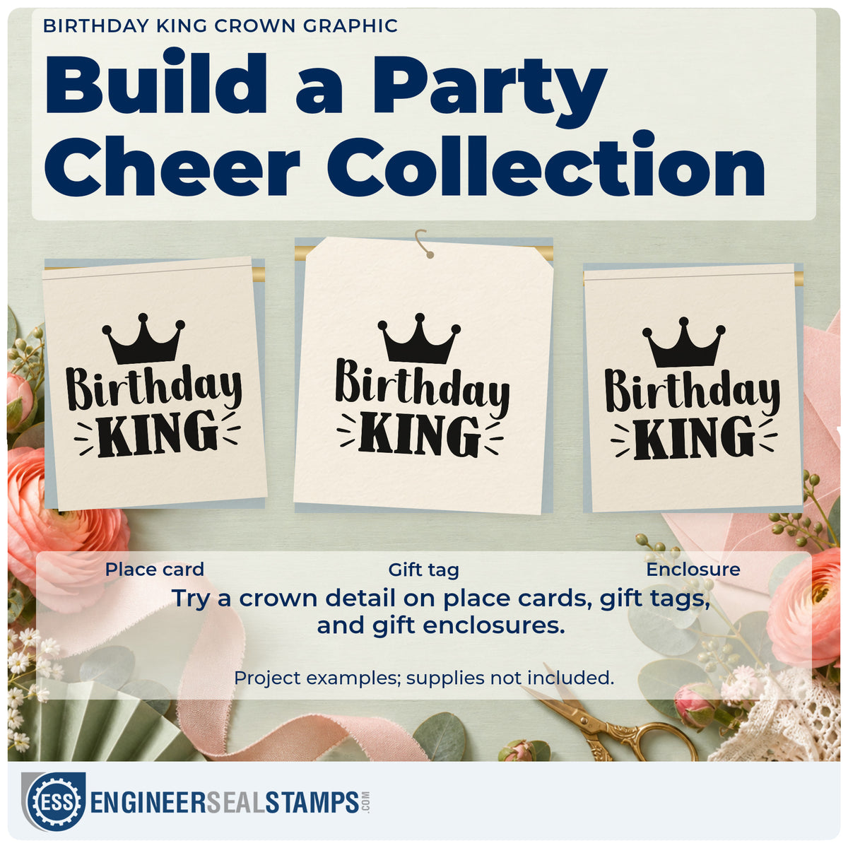 Three project examples made with the Birthday King Crown Rays Hand Stamp – Duo, including day plan sheet.