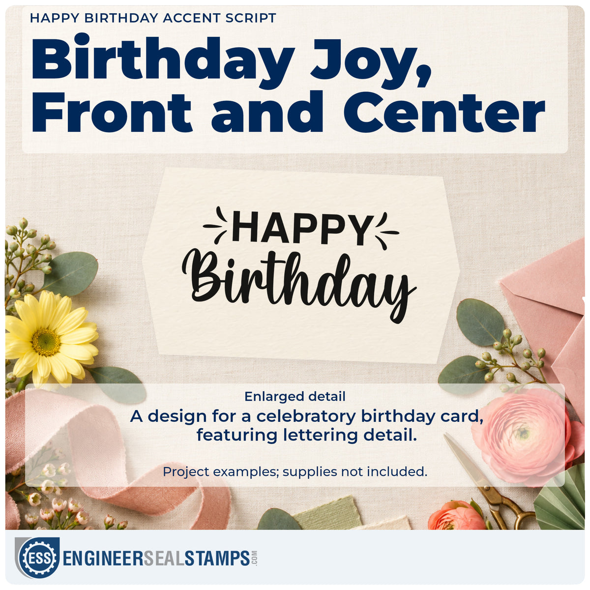 Enlarged detail of the Duo Hand Happy Birthday Accent Script Lettering Rubber Stamp imprint. HAPPY Birthday appears with small radiating strokes beside HAPPY.