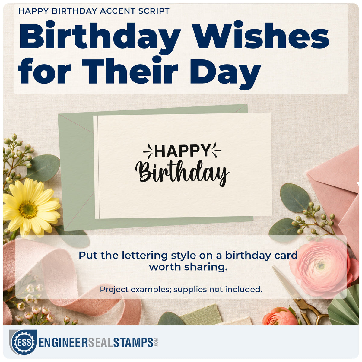 A finished handmade project stamped with the Duo Hand Happy Birthday Accent Script Lettering Rubber Stamp, ideal for studio year album page.