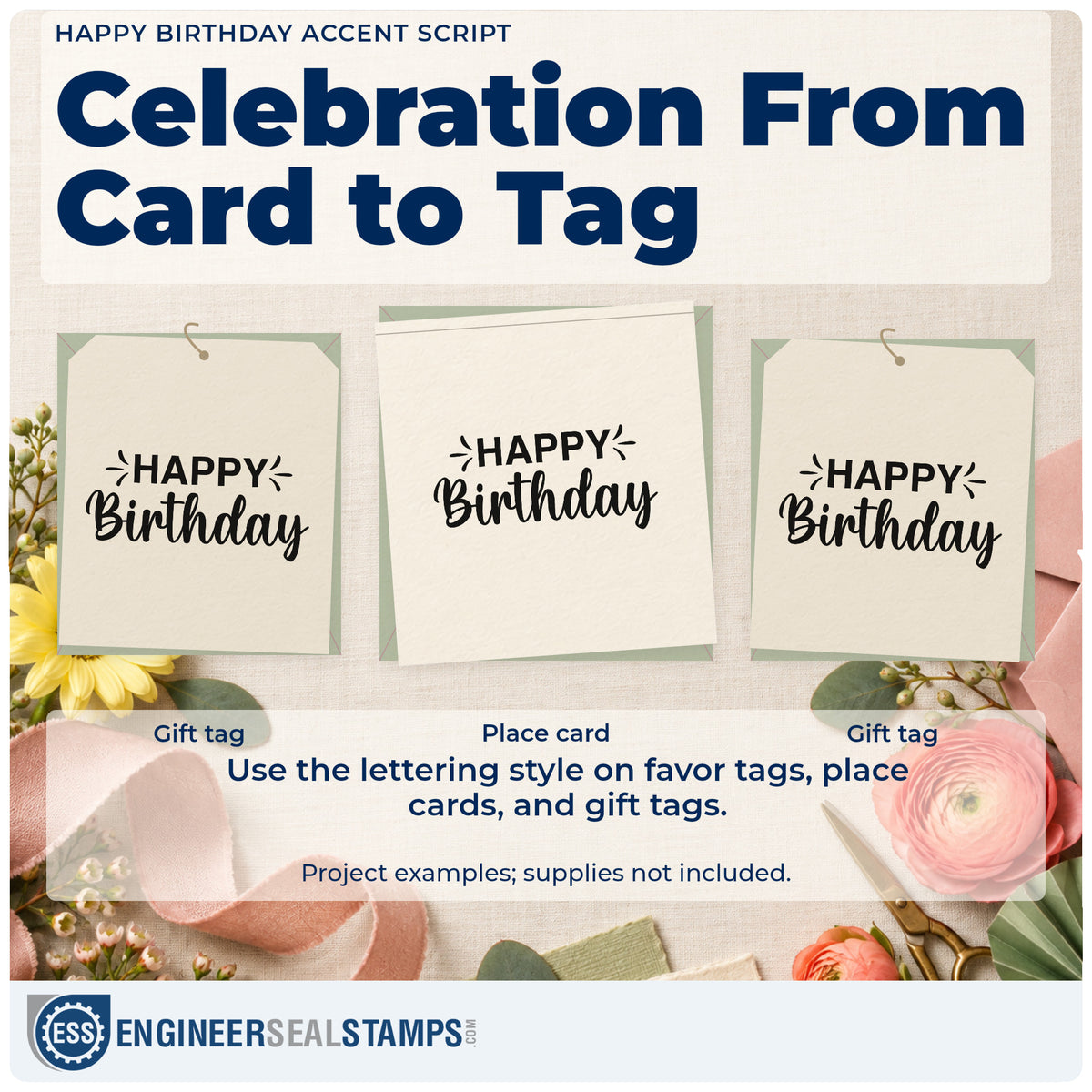 Three project examples made with the Duo Hand Happy Birthday Accent Script Lettering Rubber Stamp, including birthday board sheet.