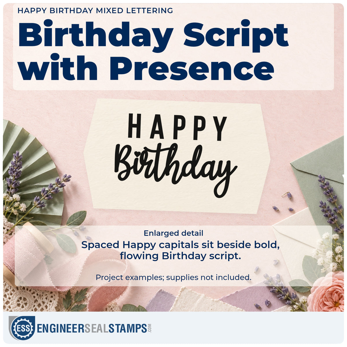 Enlarged detail of the Happy Birthday Mixed Word Art Rubber Stamp – Duo Hand imprint. HAPPY Birthday combines spaced narrow capitals with bold flowing script.