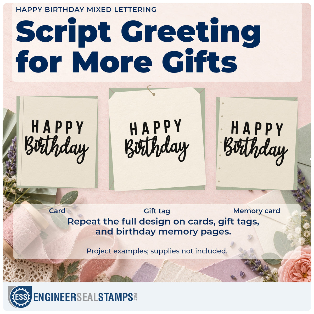 Three project examples made with the Happy Birthday Mixed Word Art Slim Pre-Inked Stamp, including event task sheet.
