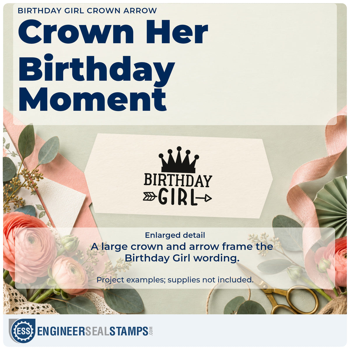 Enlarged detail of the Birthday Girl Crown And Arrow Rubber Stamp – Wood Handle imprint. A large crown sits above BIRTHDAY GIRL with an arrow through the bottom line.