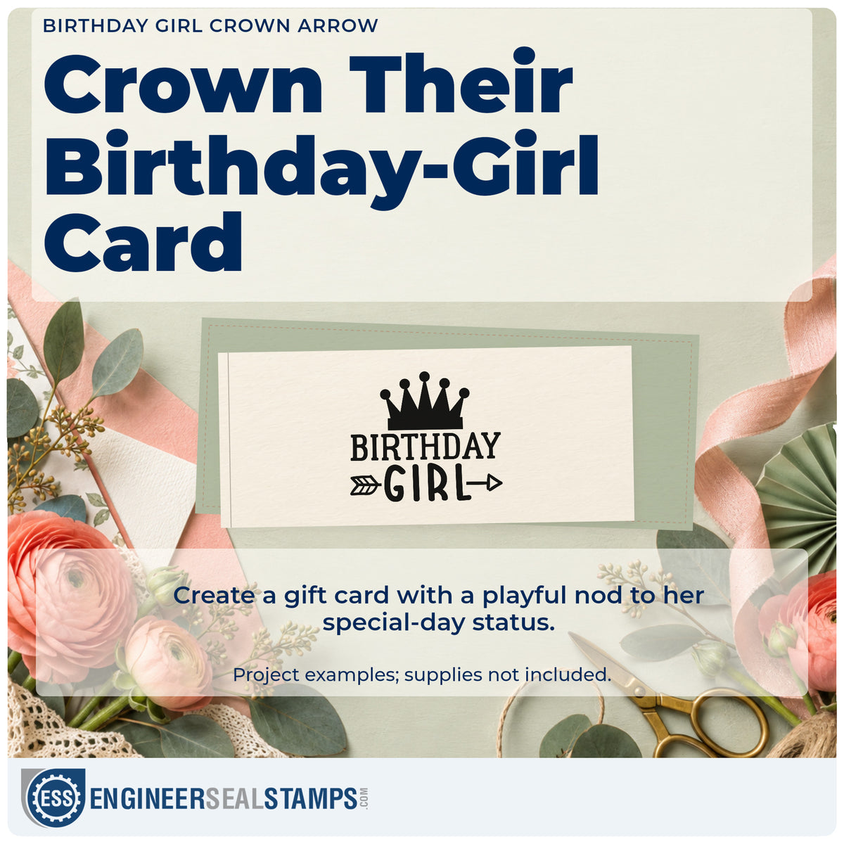 A finished handmade project stamped with the Pre-Inked Birthday Girl Crown And Arrow Stamp – PSI, ideal for daughter album page.
