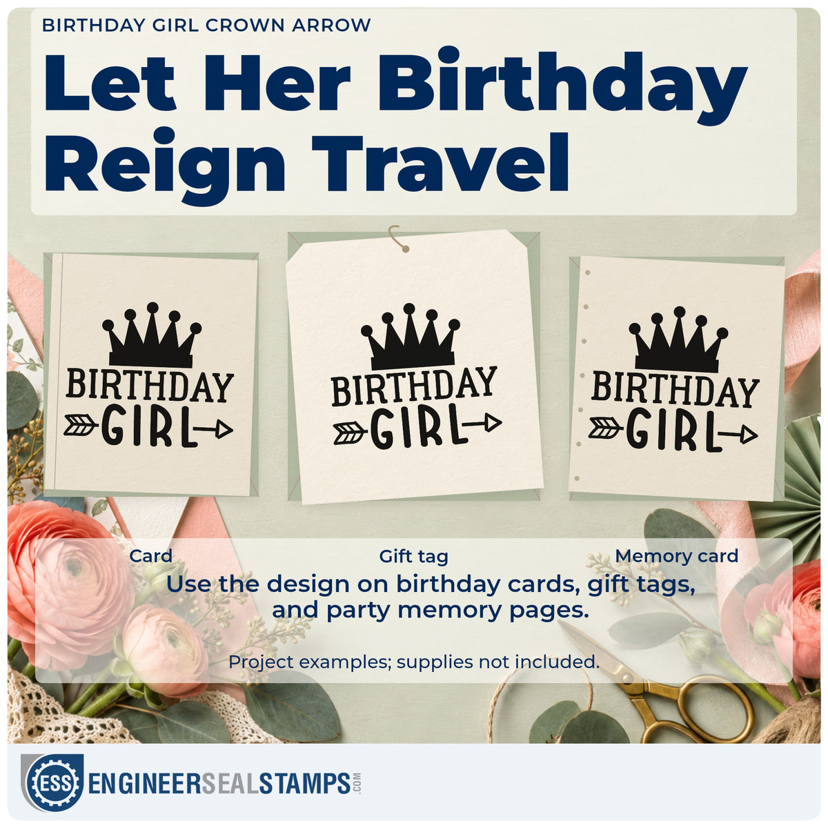 Three project examples made with the Pre-Inked Birthday Girl Crown And Arrow Stamp – PSI, including day plan sheet.