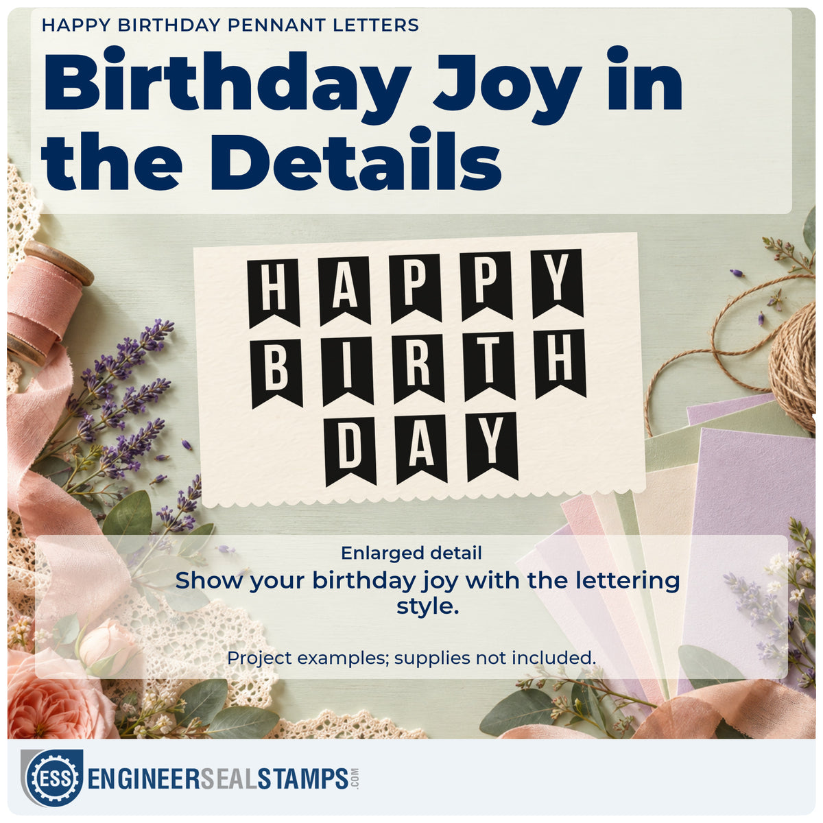 Enlarged detail of the Happy Birthday Pennant Letters Lettering Compact Pre-Inked Stamp – Slim imprint. HAPPY BIRTH DAY appears as negative-space letters on three rows of individual dark pennants.