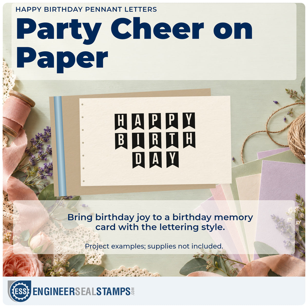 A finished handmade project stamped with the Happy Birthday Pennant Letters Lettering Stamp – Wood Handle, ideal for hire year album page.