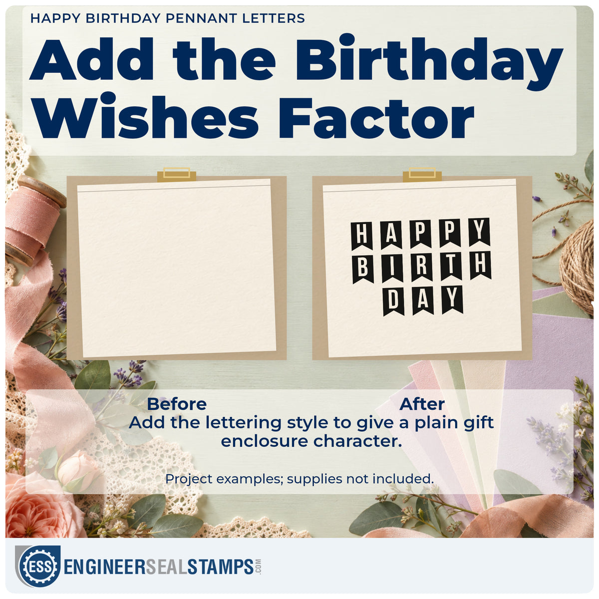 Before and after of a plain item finished with the Happy Birthday Pennant Letters Lettering Rubber Stamp – Duo Hand, a quick upgrade for framed store room.