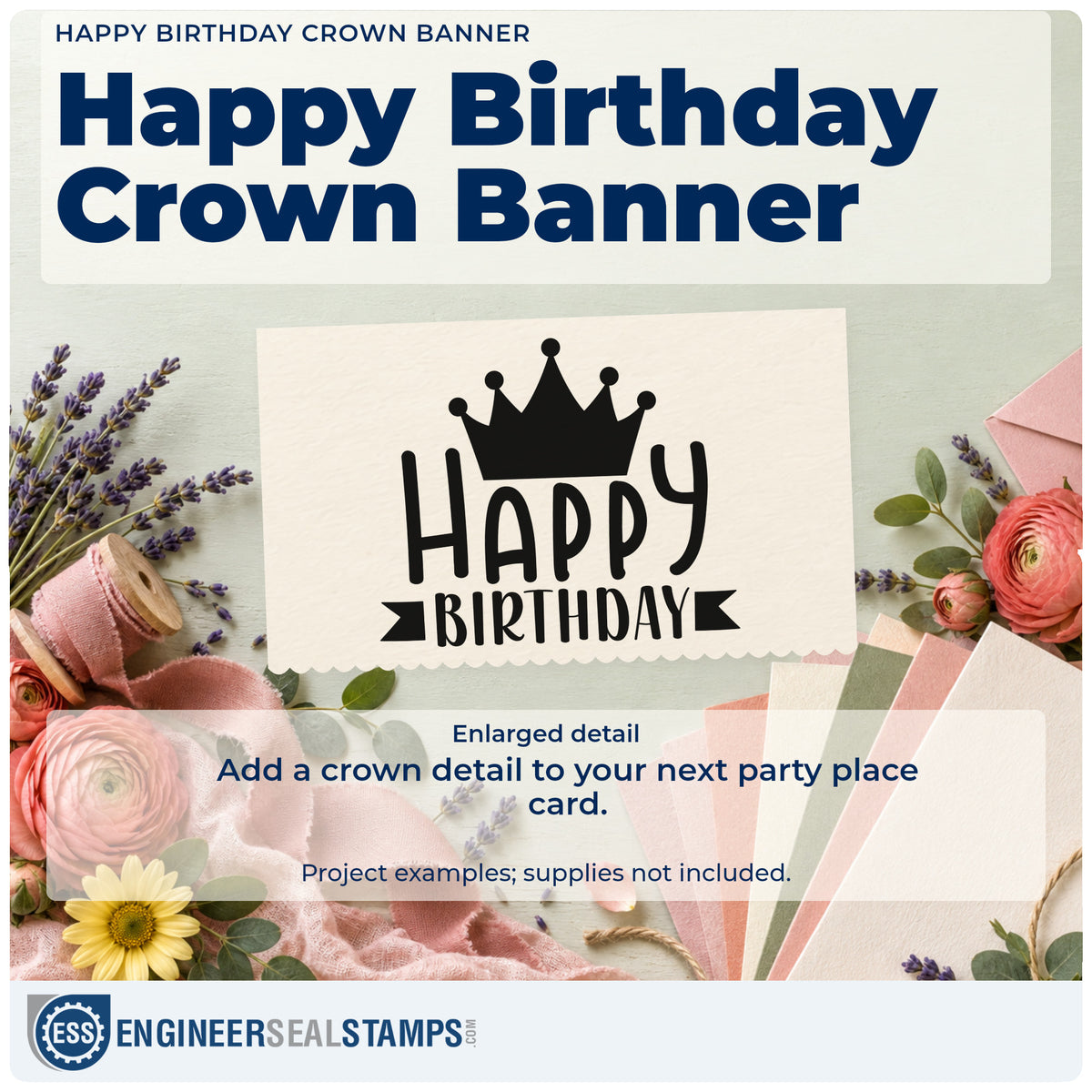 Enlarged detail of the Happy Birthday Crown Banner Duo Hand Stamp imprint. A large crown sits above HAPPY BIRTHDAY with ribbon ends flanking the bottom word.