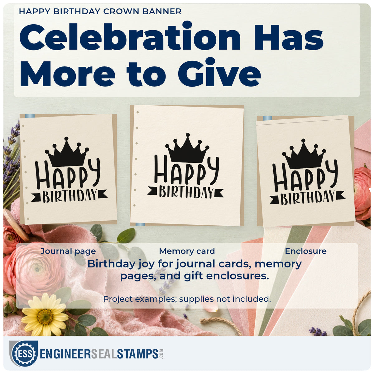 Three project examples made with the Happy Birthday Crown Banner Premium Wood-Mounted Stamp – Vintage Pro, including toast order sheet.
