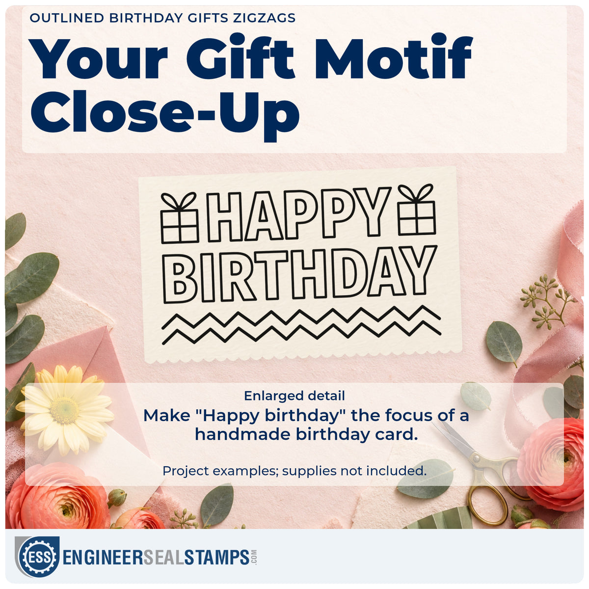 Enlarged detail of the Gift Accents With Outlined Happy Birthday Stamp – Duo Hand imprint. Outlined "Happy birthday" lettering has small gifts beside HAPPY and two zigzag lines underneath.