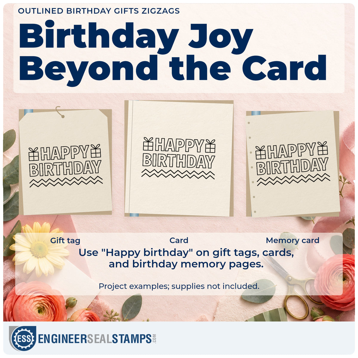 Three project examples made with the Gift Accents With Outlined Happy Birthday Stamp – Duo Hand, including activity plan sheet.