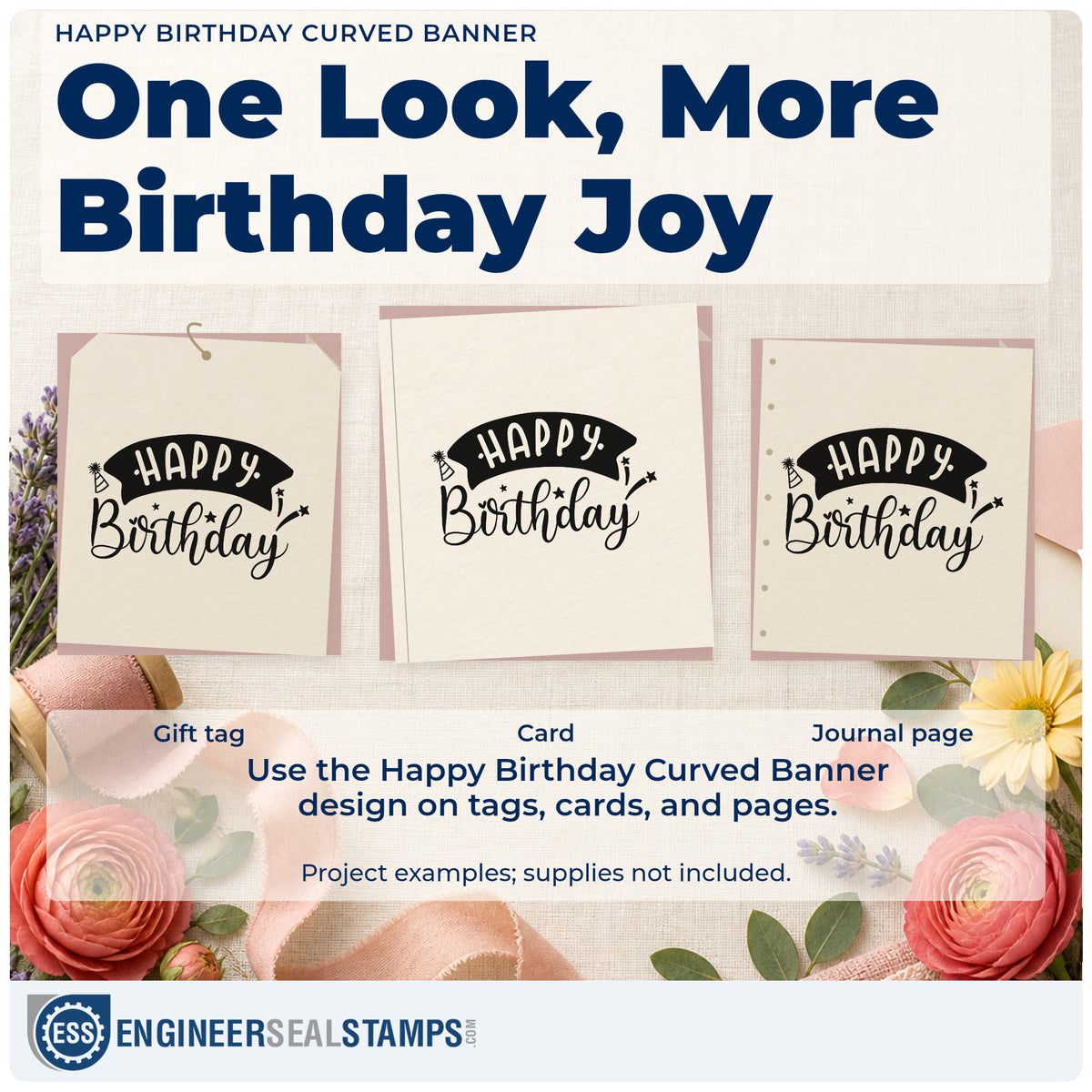 Three project examples made with the Happy Birthday Curved Banner Premium Wooden Stamp – Vintage Pro, including mailing plan sheet.