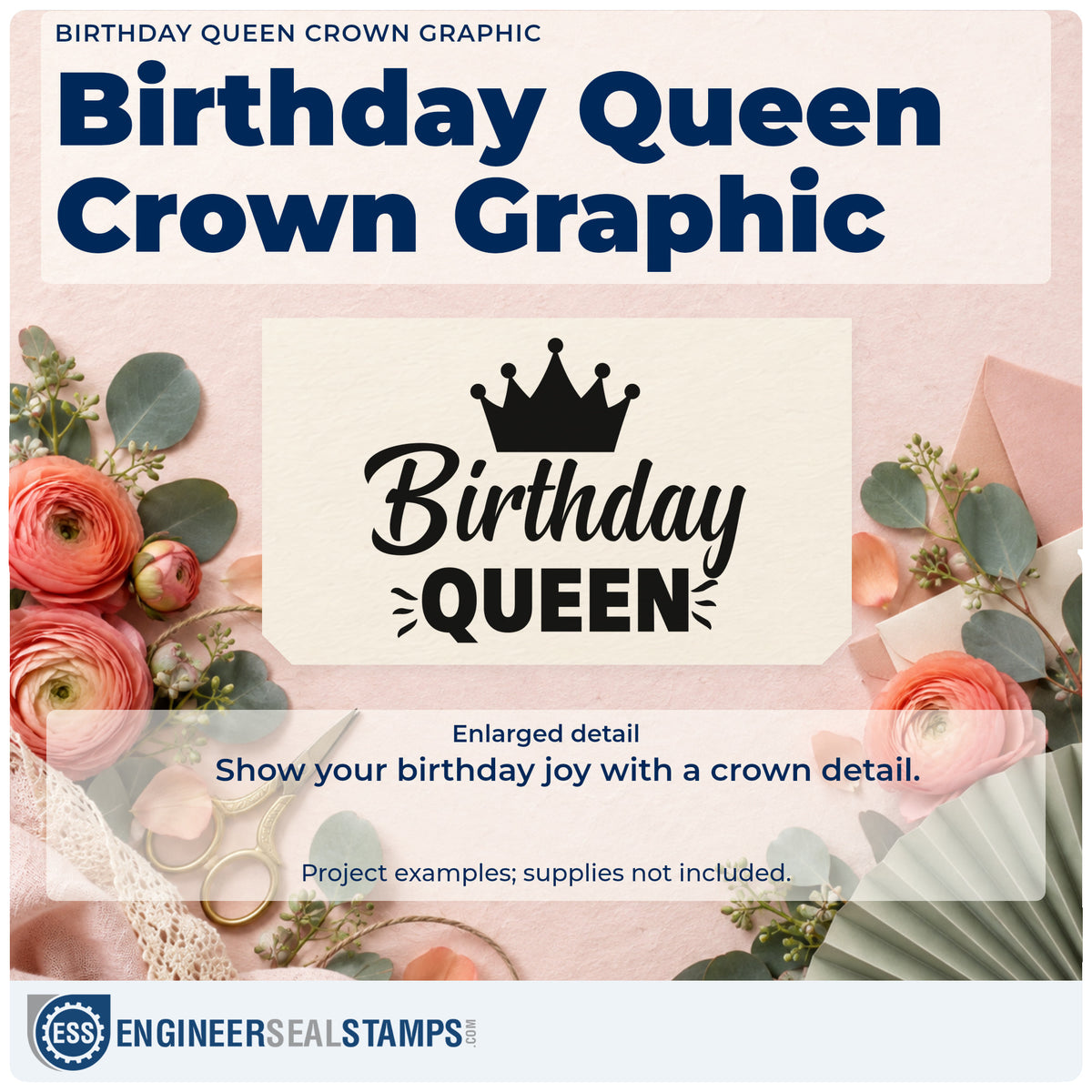 Enlarged detail of the Crowned Birthday Queen Accent Lines Compact Pre-Inked Stamp – Slim imprint. A large crown sits above Birthday QUEEN with small accent strokes.