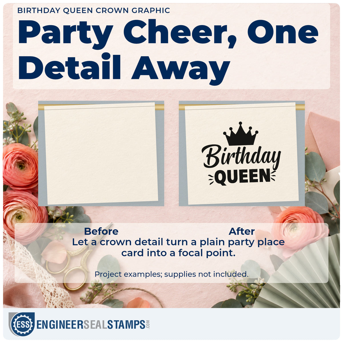 Before and after of a plain item finished with the Crowned Birthday Queen Accent Lines Compact Pre-Inked Stamp – Slim, a quick upgrade for framed kitchen shelf.