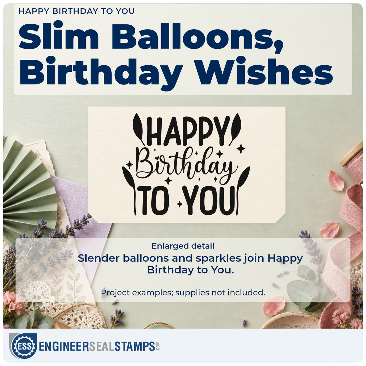 Enlarged detail of the PSI Pre-Inked Happy Birthday To You Stamp imprint. HAPPY Birthday TO YOU appears with slim balloons and small sparkles.