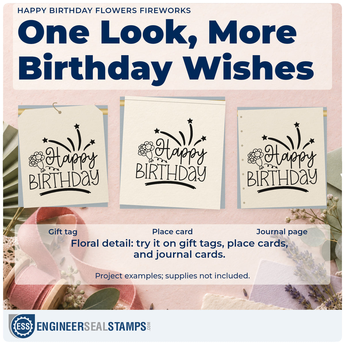 Three project examples made with the Happy Birthday Flowers Fireworks PSI Pre-Inked Stamp, including delivery round sheet.