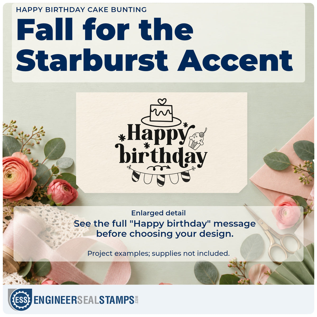 Enlarged detail of the Heart Cake And Cherry Cupcake Birthday Slim Pre-Inked Stamp imprint. "Happy birthday" appears with a heart-topped cake, cherry-topped cupcake, small starbursts, and rounded pennant bunting.