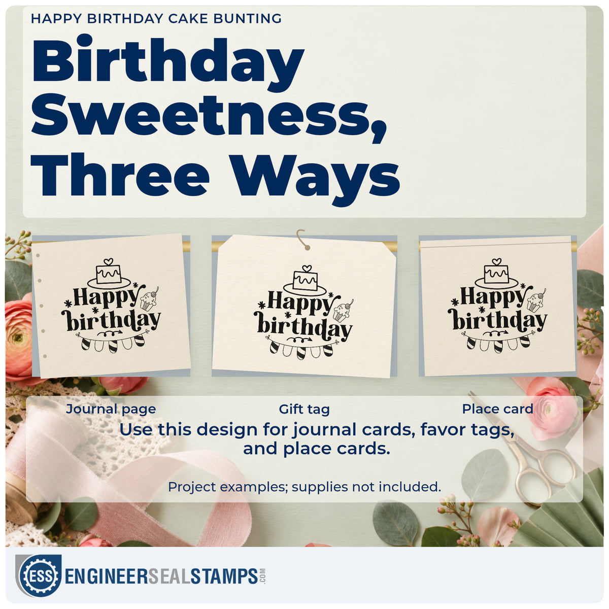 Three project examples made with the Heart Cake And Cherry Cupcake Birthday Stamp – Duo Hand, including night plan sheet.