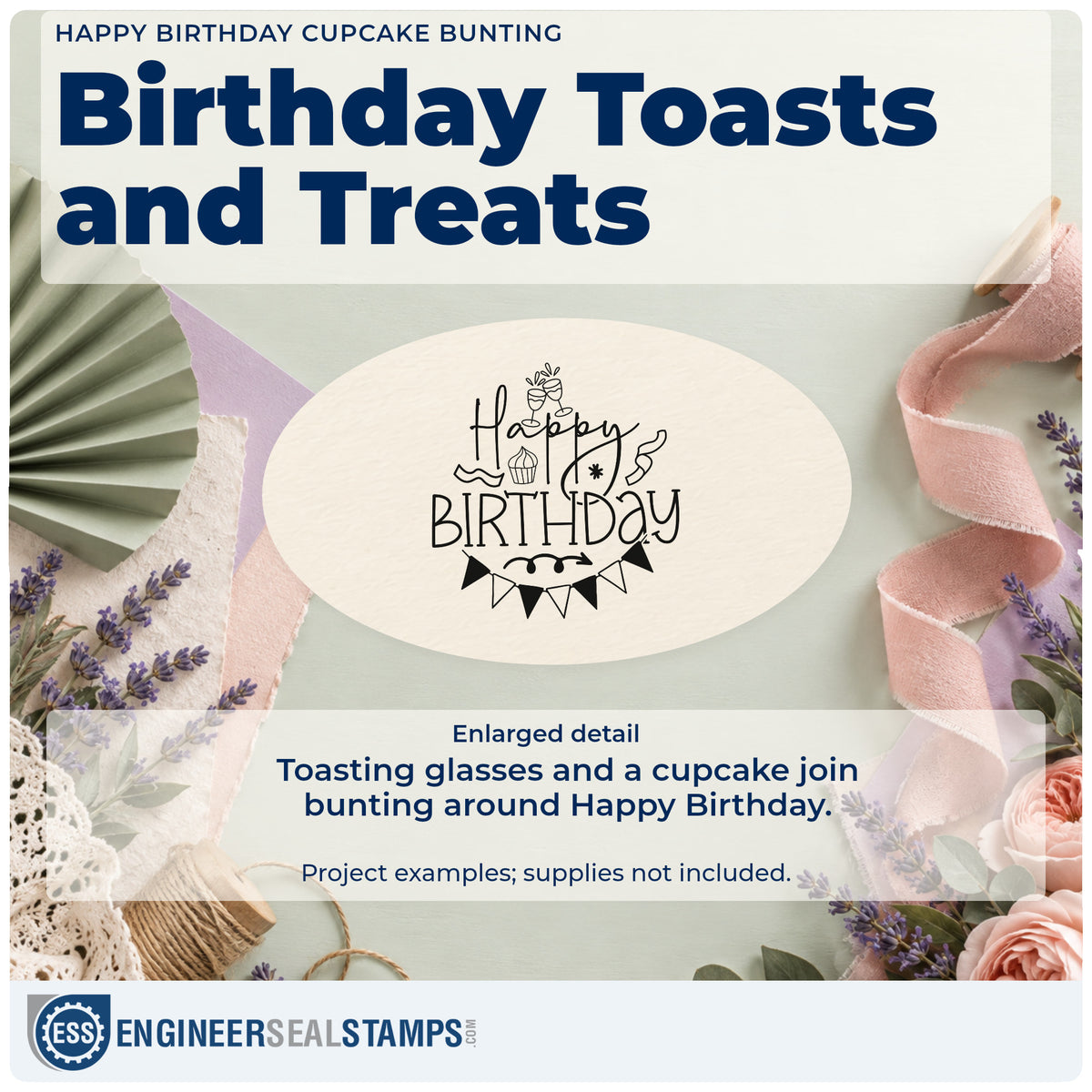 Enlarged detail of the Wood Handle Cupcake And Toasting Glasses Birthday Rubber Stamp imprint. "Happy birthday" appears with two toasting glasses, a cupcake, streamers, a starburst, and triangular bunting.