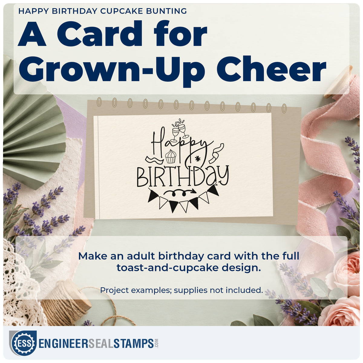 A finished handmade project stamped with the Wood Handle Cupcake And Toasting Glasses Birthday Rubber Stamp, ideal for group year album page.
