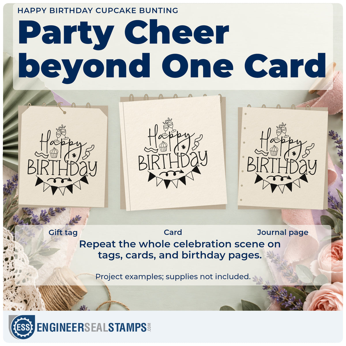 Three project examples made with the Wood Handle Cupcake And Toasting Glasses Birthday Rubber Stamp, including member date sheet.