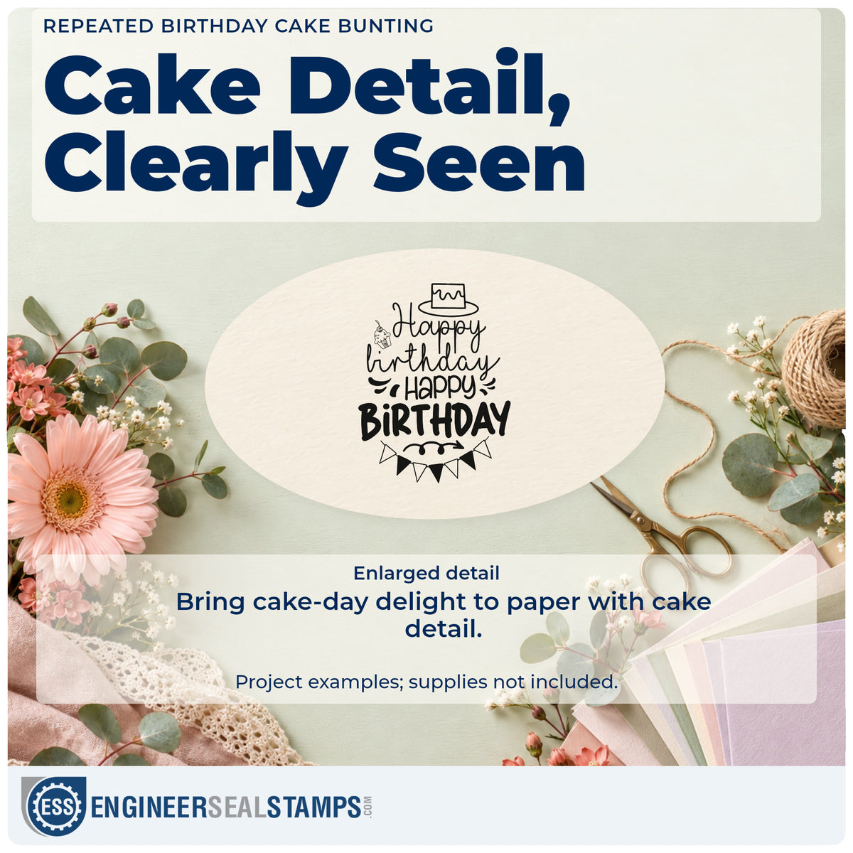 Enlarged detail of the Repeated Birthday Cake Bunting Hand Stamp – Duo imprint. Happy birthday HAPPY BIRTHDAY appears with a small cake, decorative marks, and triangular bunting.