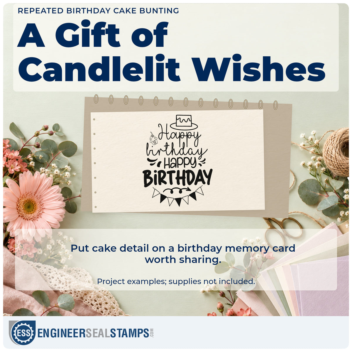 A finished handmade project stamped with the Repeated Birthday Cake Bunting Hand Stamp – Duo, ideal for event album page.