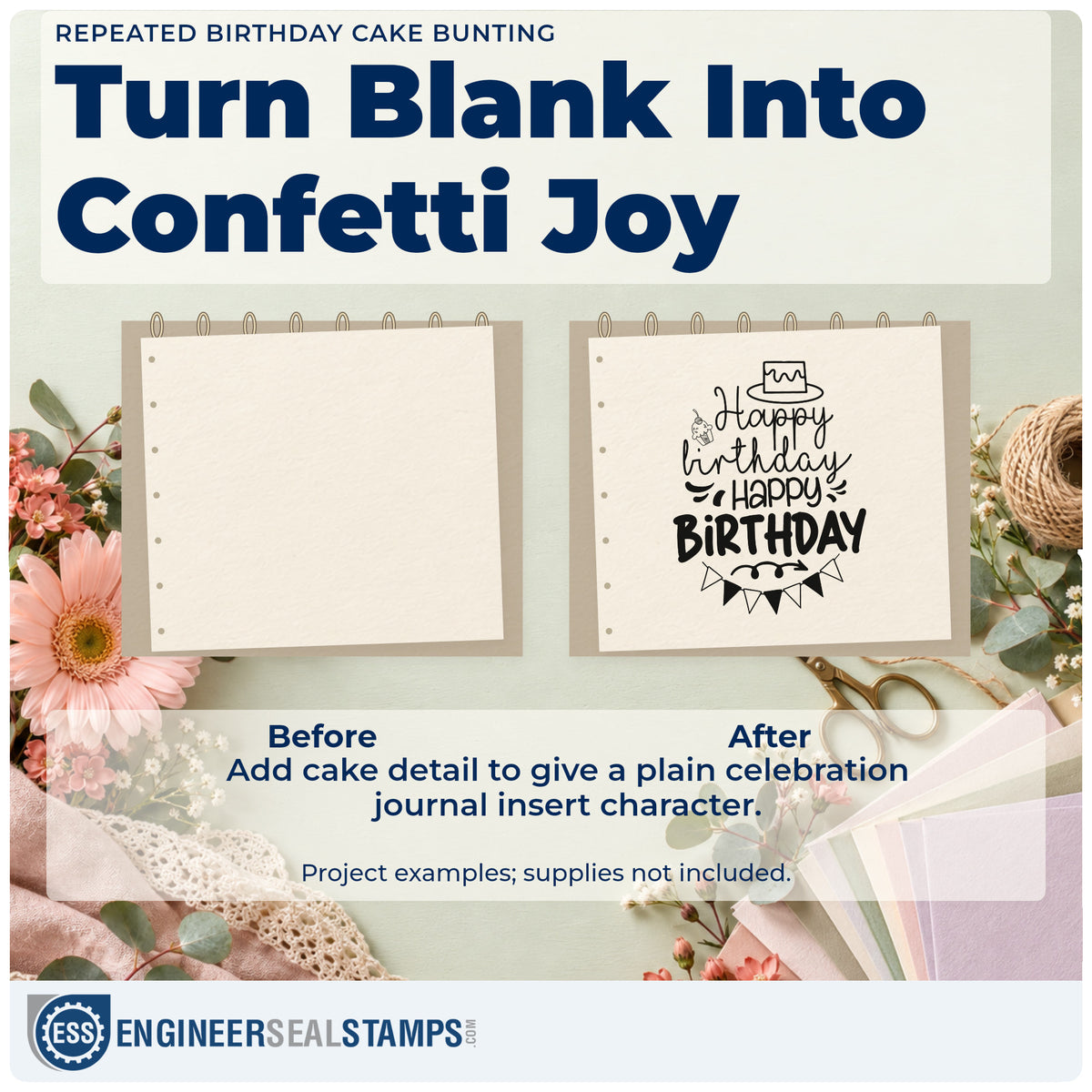 Before and after of a plain item finished with the Repeated Birthday Cake Bunting Pre-Inked Stamp – PSI, a quick upgrade for framed booth front.