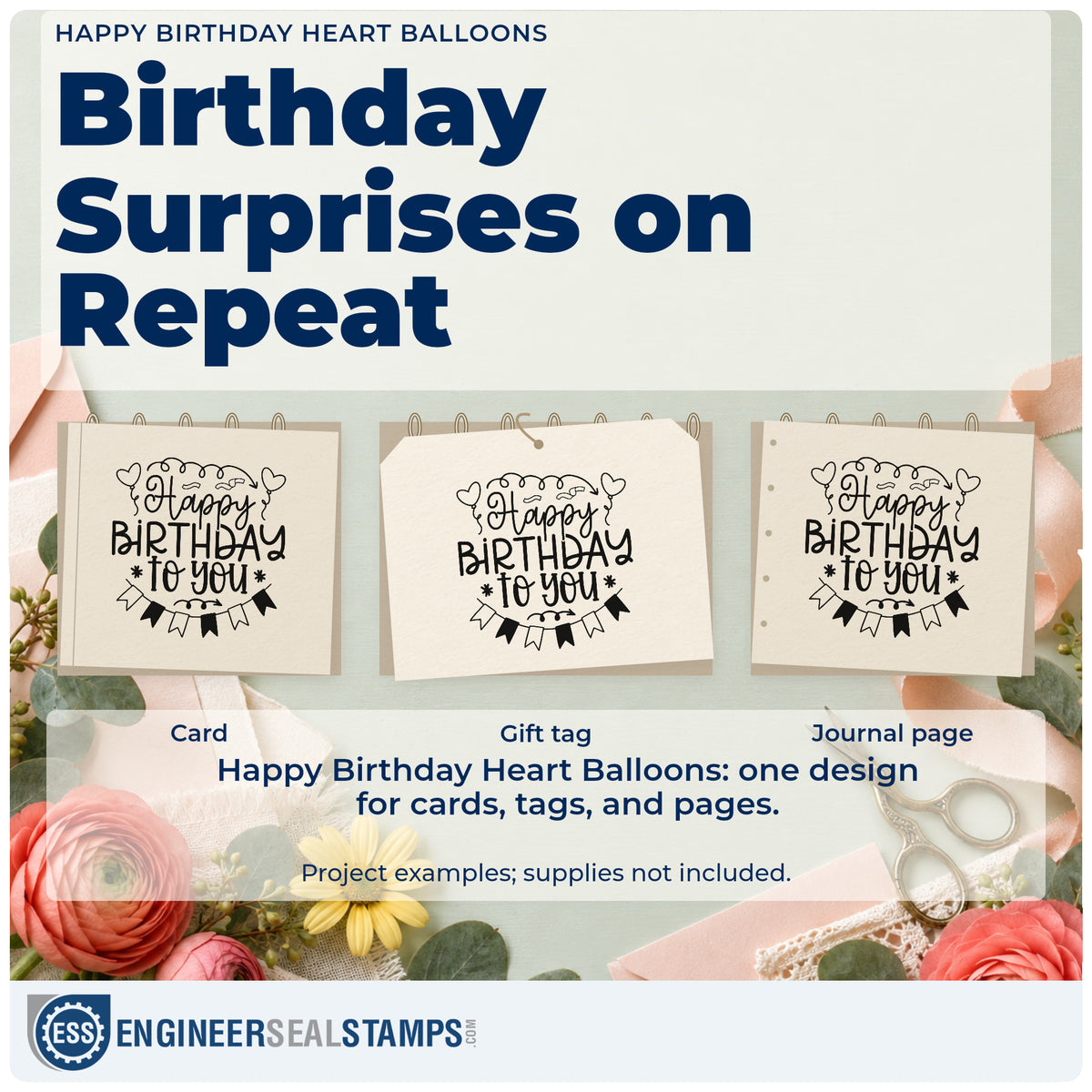 Three project examples made with the Happy Birthday Heart Balloons Bunting Pre-Inked Stamp – PSI, including day plan sheet.